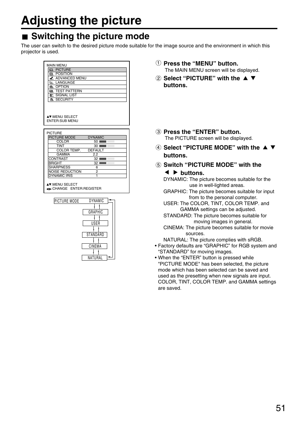 Adjusting the picture, Switching the picture mode, Press the “menu” button | Panasonic PT-DW7700 ENG User Manual | Page 51 / 116