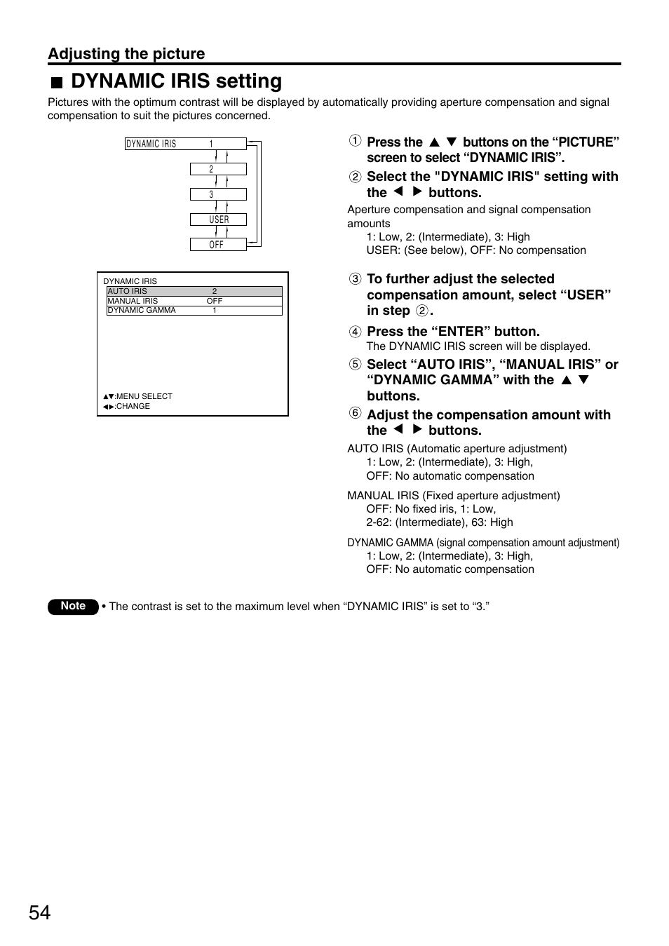 Dynamic iris setting, Adjusting the picture | Panasonic PT-DW7700 ENG User Manual | Page 54 / 116