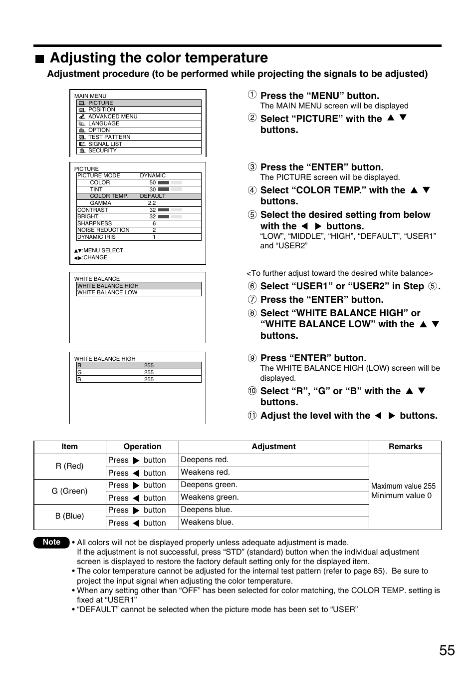 Adjusting the color temperature, Press the “menu” button, Select “picture” with the buttons | Press the “enter” button, Press “enter” button | Panasonic PT-DW7700 ENG User Manual | Page 55 / 116