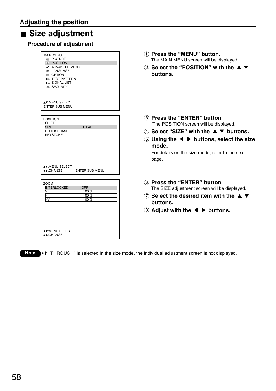 Size adjustment, Adjusting the position | Panasonic PT-DW7700 ENG User Manual | Page 58 / 116