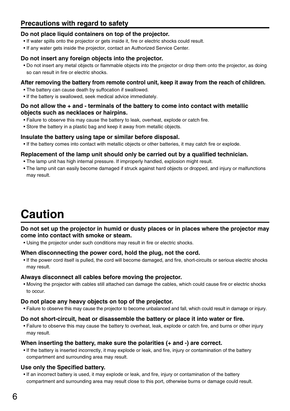 Caution, Precautions with regard to safety | Panasonic PT-DW7700 ENG User Manual | Page 6 / 116