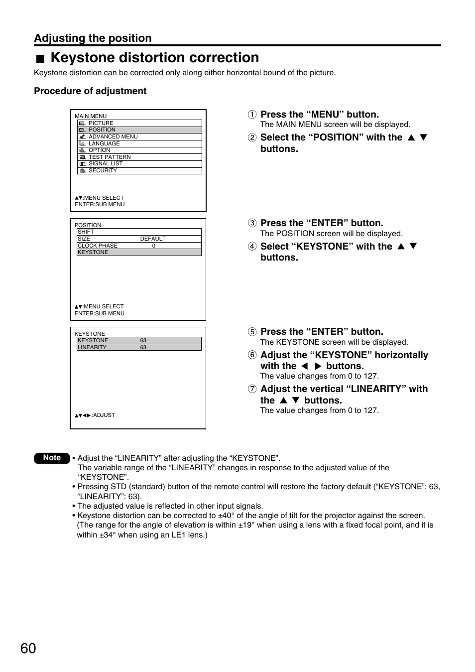 Keystone distortion correction, Adjusting the position | Panasonic PT-DW7700 ENG User Manual | Page 60 / 116