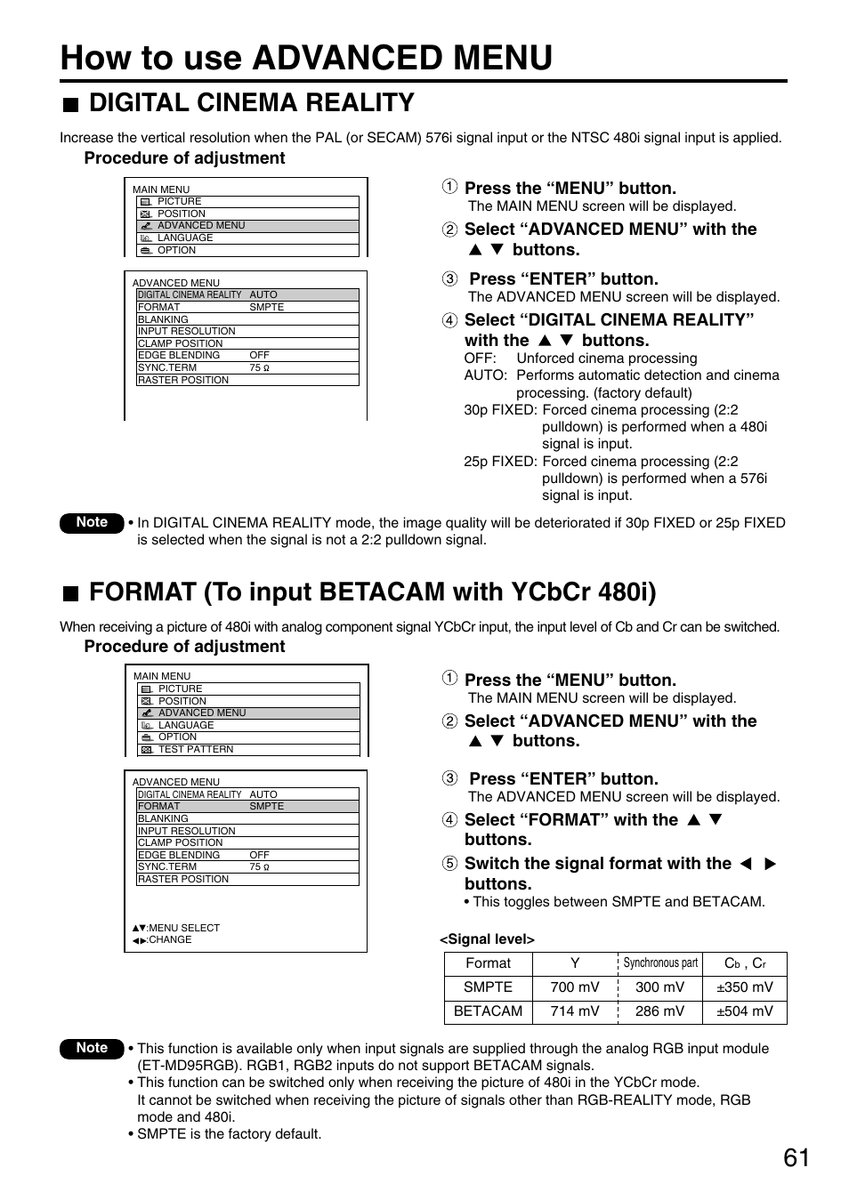How to use advanced menu, Digital cinema reality, Format (to input betacam with ycbcr 480i) | Panasonic PT-DW7700 ENG User Manual | Page 61 / 116