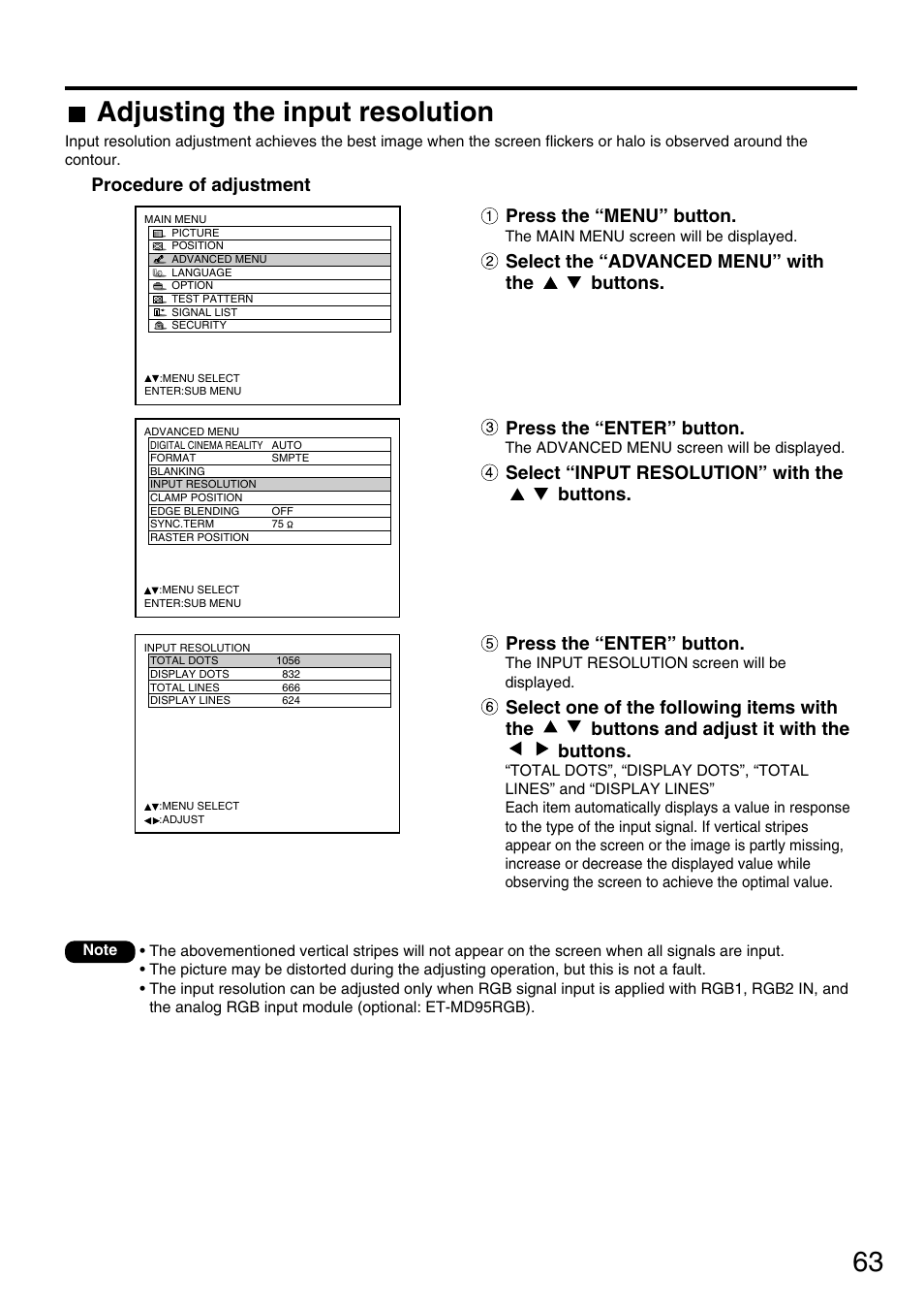 Adjusting the input resolution, Press the “enter” button, Procedure of adjustment press the “menu” button | Select “input resolution” with the buttons | Panasonic PT-DW7700 ENG User Manual | Page 63 / 116