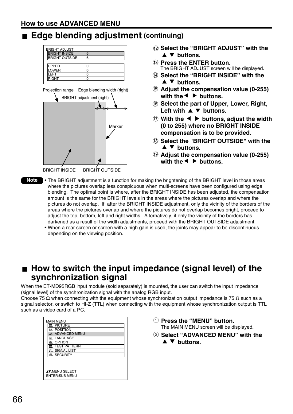 Edge blending adjustment, How to use advanced menu, Continuing) | Panasonic PT-DW7700 ENG User Manual | Page 66 / 116