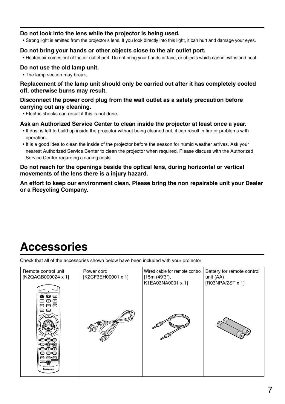 Accessories, Do not use the old lamp unit, Electric shocks can result if this is not done | Panasonic PT-DW7700 ENG User Manual | Page 7 / 116