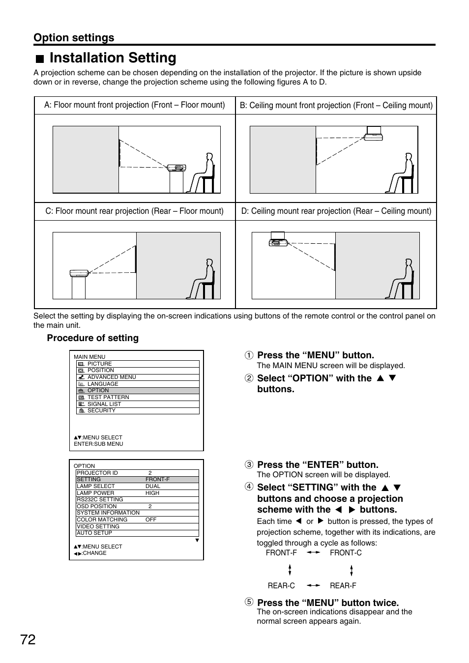 Installation setting, Option settings, Procedure of setting | Press the “menu” button, Press the “menu” button twice | Panasonic PT-DW7700 ENG User Manual | Page 72 / 116
