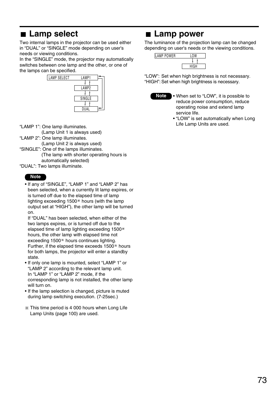 73 lamp select, Lamp power | Panasonic PT-DW7700 ENG User Manual | Page 73 / 116