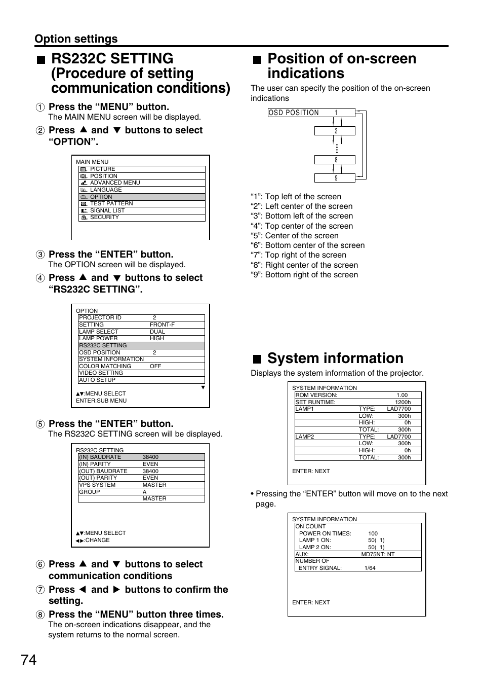 Position of on-screen indications, System information, Option settings | Press the “menu” button | Panasonic PT-DW7700 ENG User Manual | Page 74 / 116