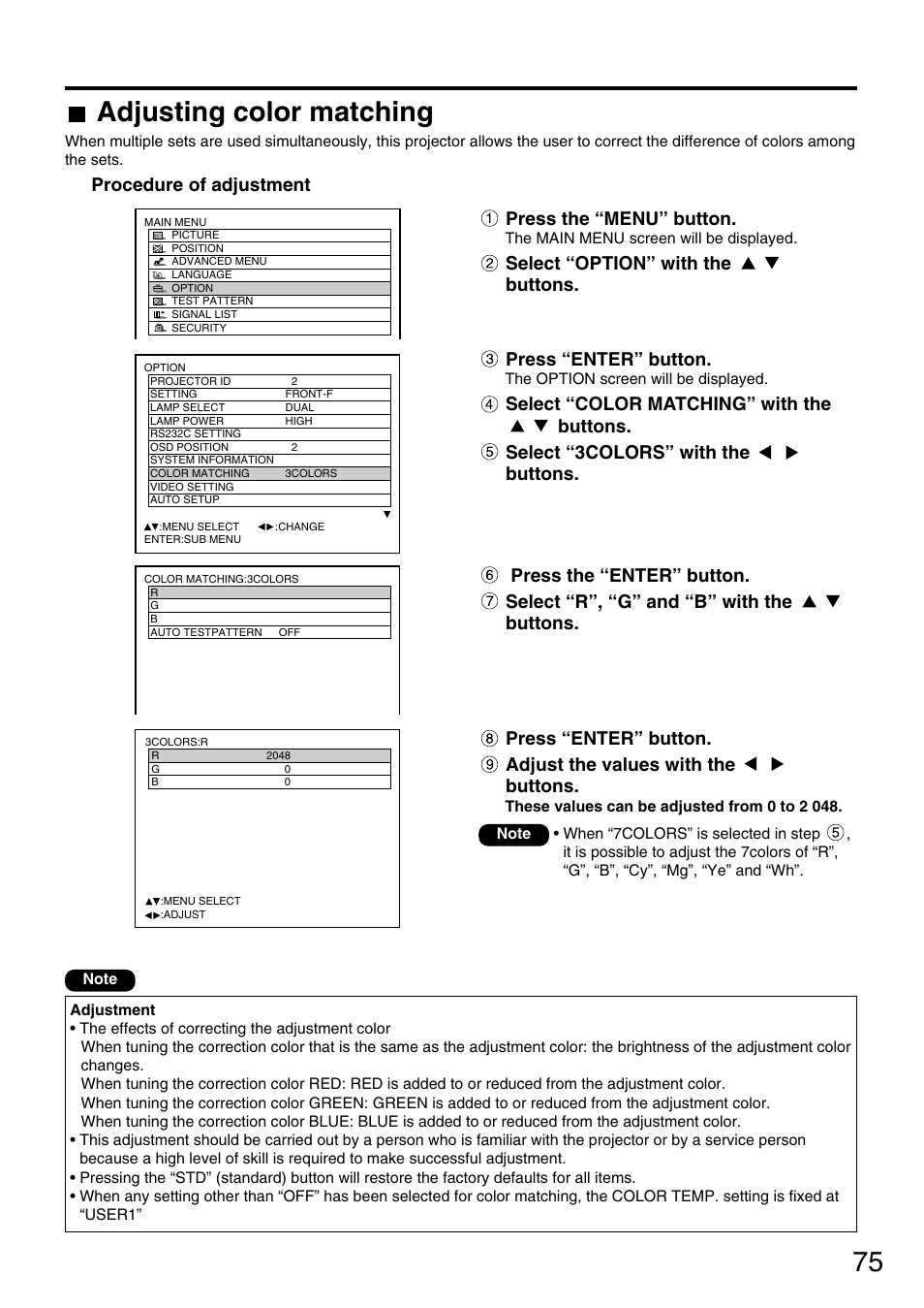 75 adjusting color matching, Procedure of adjustment, Press the “menu” button | Select “option” with the buttons, Press “enter” button | Panasonic PT-DW7700 ENG User Manual | Page 75 / 116