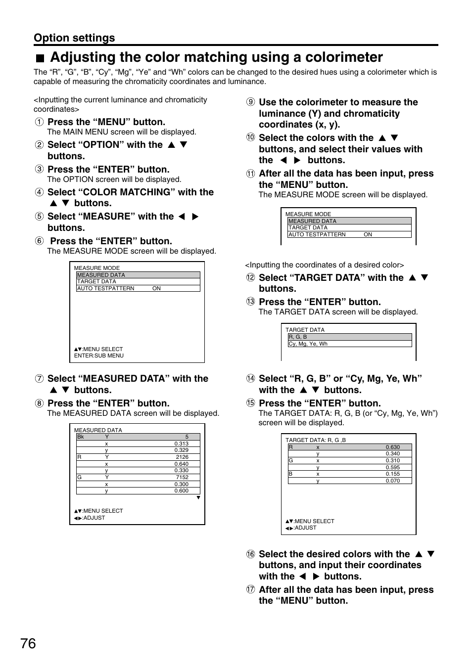 Adjusting the color matching using a colorimeter, Option settings, Press the “menu” button | Panasonic PT-DW7700 ENG User Manual | Page 76 / 116