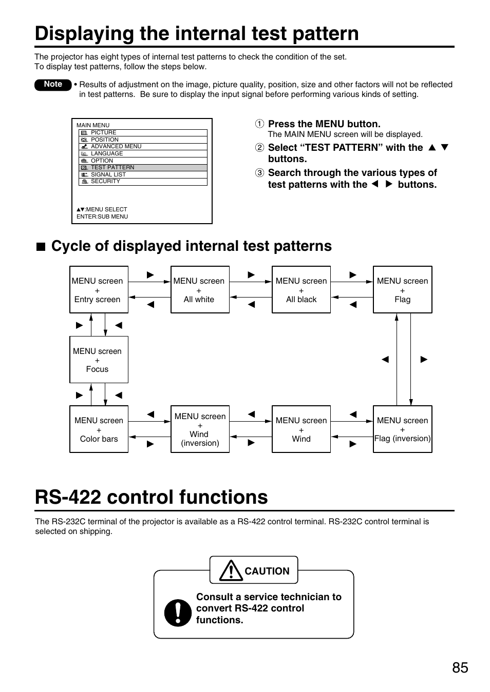 Displaying the internal test pattern, Rs-422 control functions, Cycle of displayed internal test patterns | Panasonic PT-DW7700 ENG User Manual | Page 85 / 116