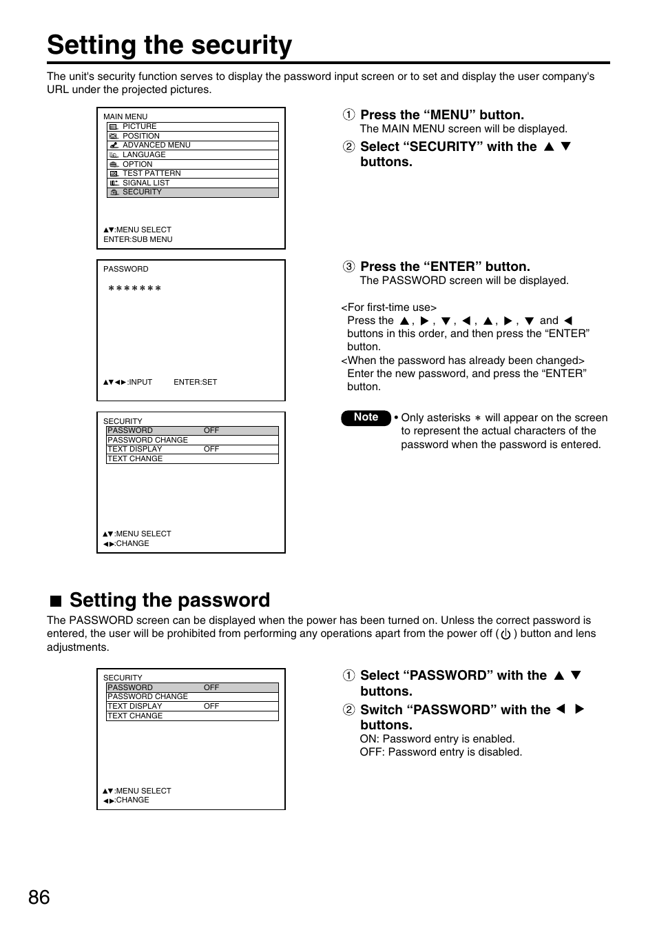 Setting the security, Setting the password, Press the “menu” button | Press the “enter” button | Panasonic PT-DW7700 ENG User Manual | Page 86 / 116