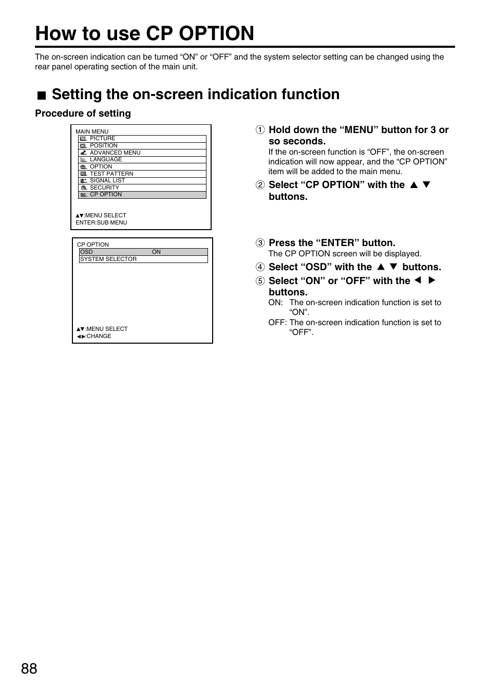 How to use cp option, Setting the on-screen indication function | Panasonic PT-DW7700 ENG User Manual | Page 88 / 116