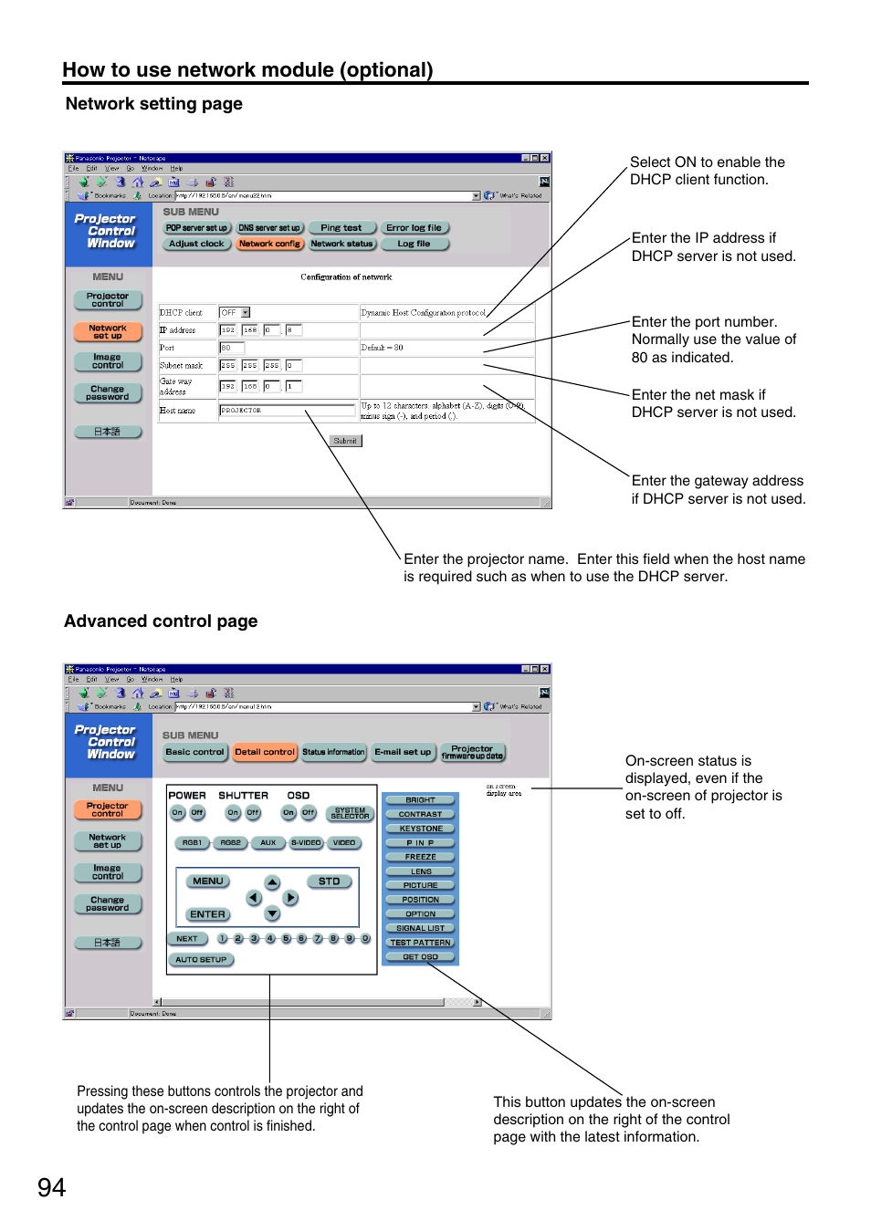 How to use network module (optional) | Panasonic PT-DW7700 ENG User Manual | Page 94 / 116