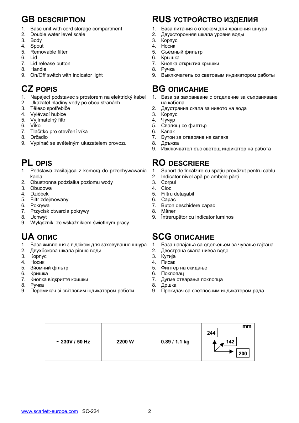 Ua scg | Scarlett SC-224 User Manual | Page 2 / 20