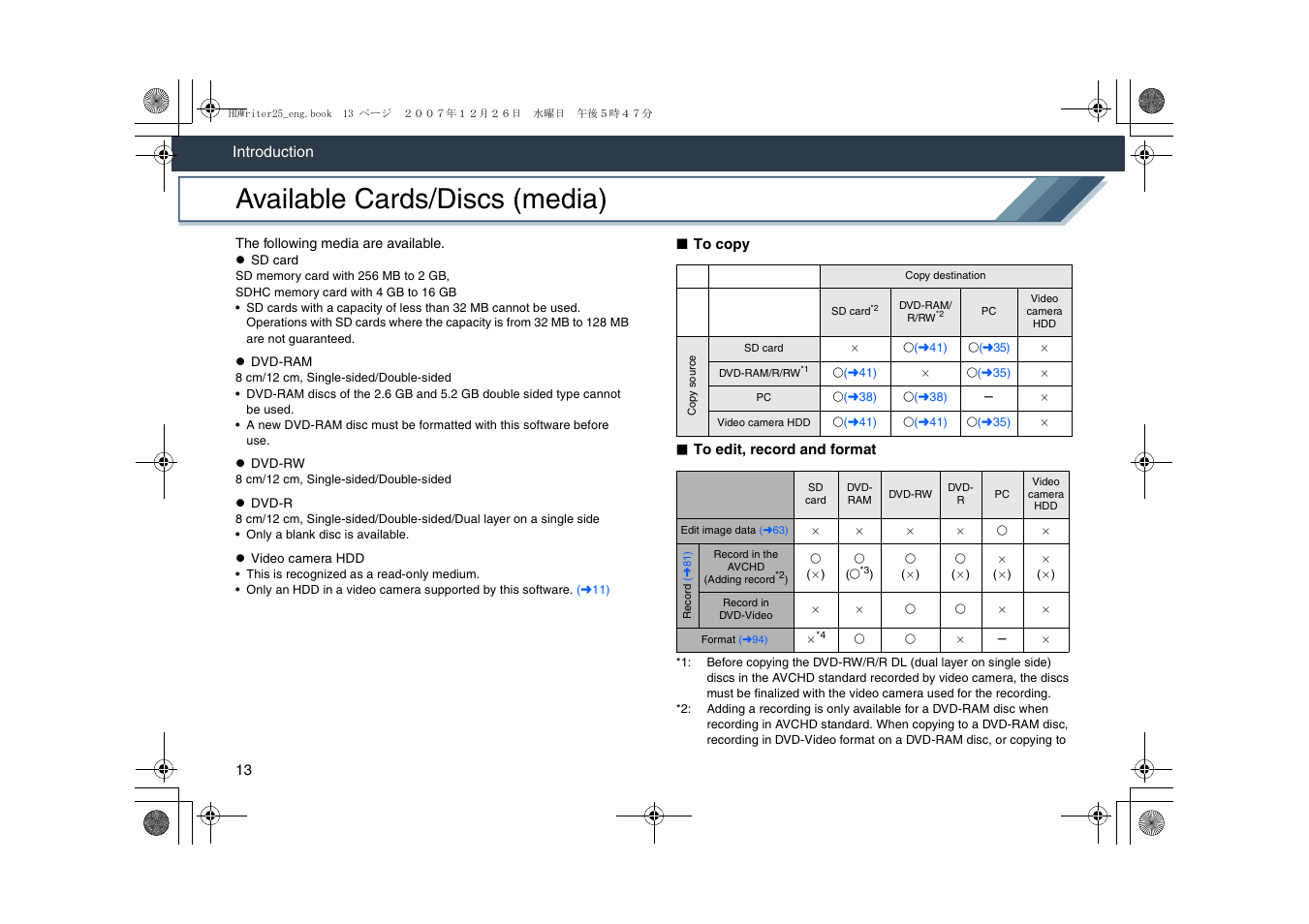 Available cards/discs (media) | Panasonic -eng User Manual | Page 13 / 107