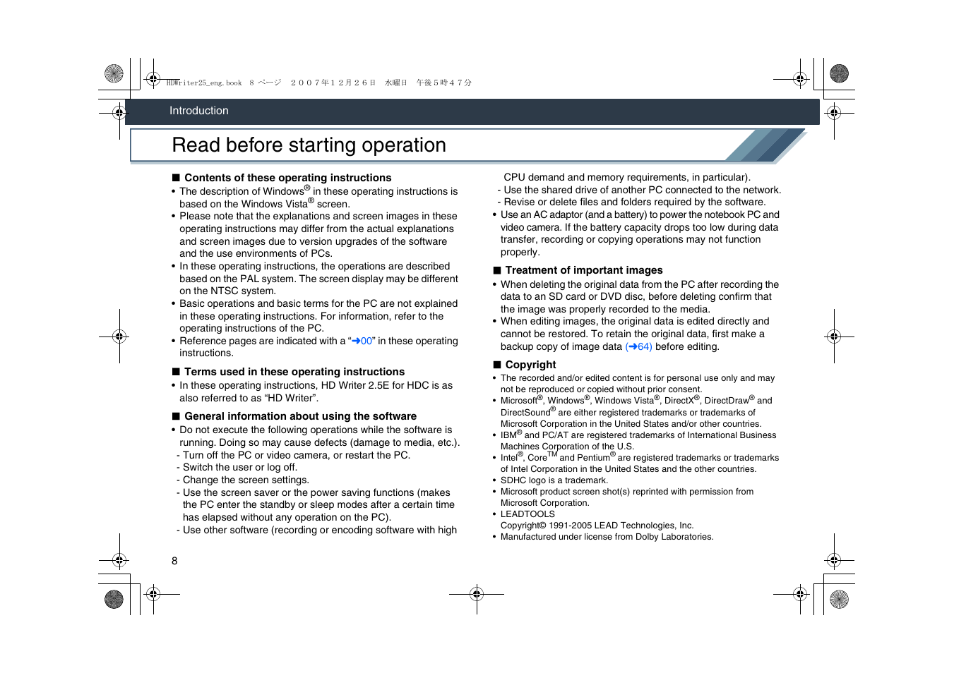 Read before starting operation | Panasonic -eng User Manual | Page 8 / 107