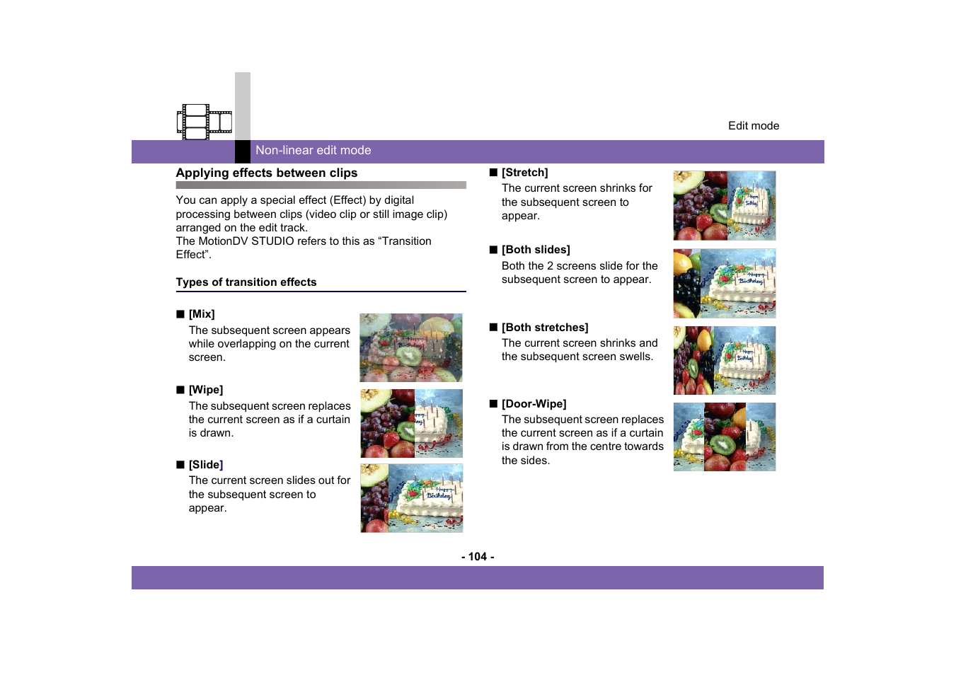 Applying effects between clips, Types of transition effects | Panasonic MotionDV STUDIO 5.6E LE eng User Manual | Page 104 / 260