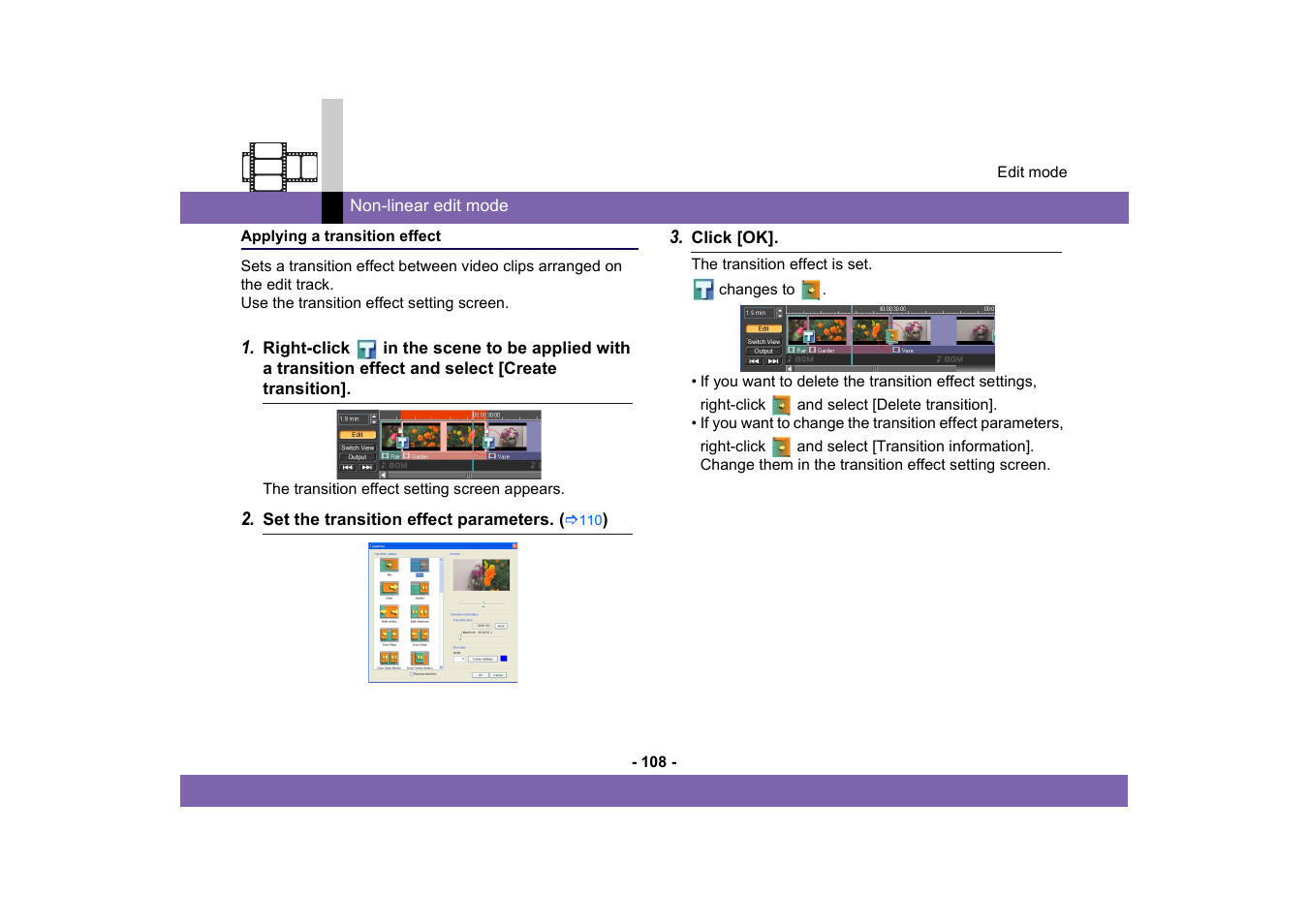Applying a transition effect | Panasonic MotionDV STUDIO 5.6E LE eng User Manual | Page 108 / 260