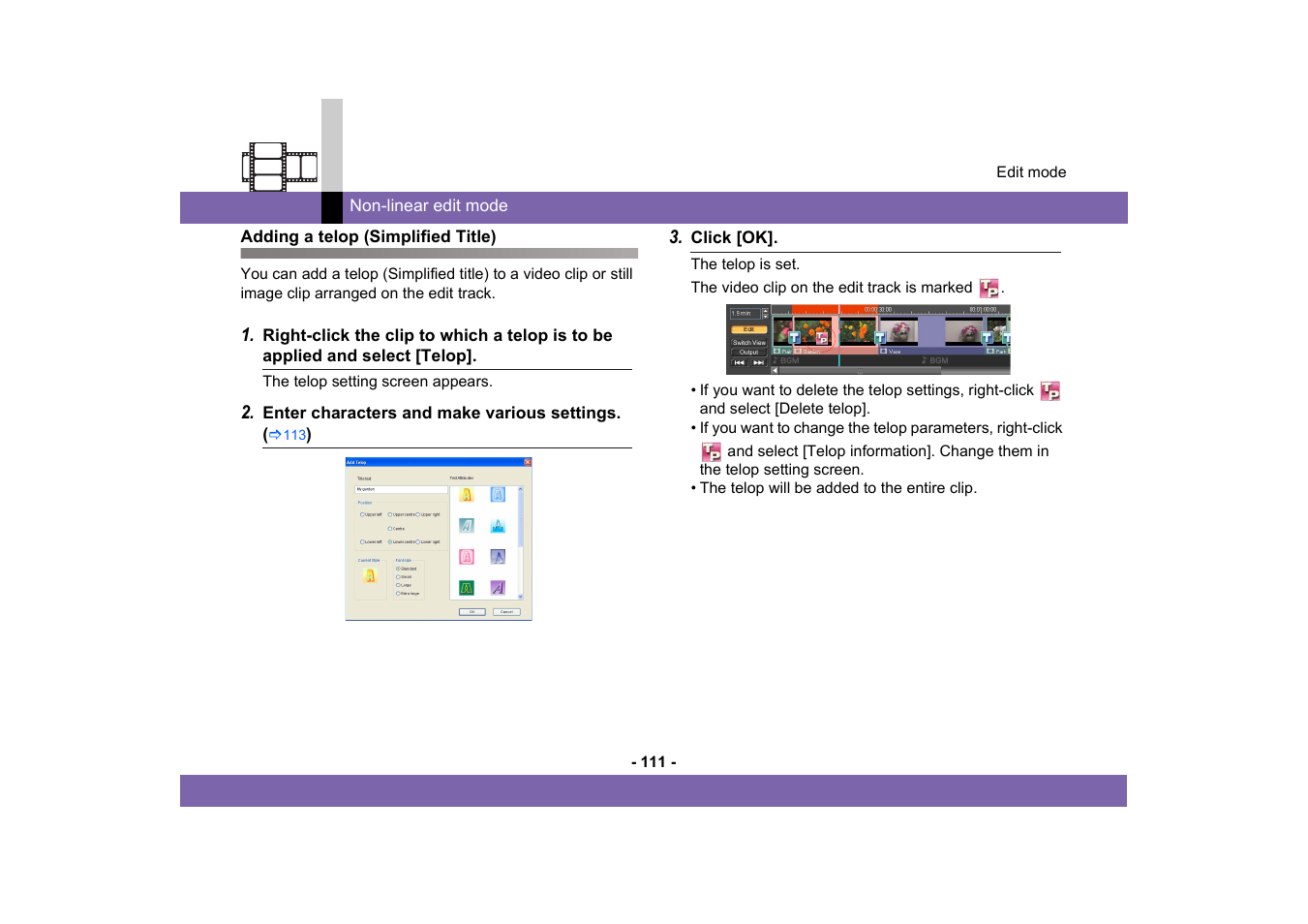 Adding a telop (simplified title) | Panasonic MotionDV STUDIO 5.6E LE eng User Manual | Page 111 / 260
