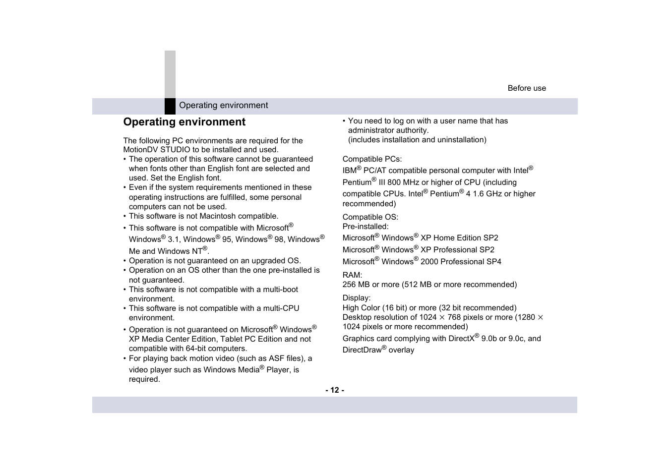 Operating environment | Panasonic MotionDV STUDIO 5.6E LE eng User Manual | Page 12 / 260