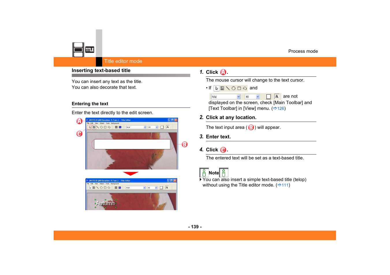 Inserting text-based title, Entering the text | Panasonic MotionDV STUDIO 5.6E LE eng User Manual | Page 139 / 260