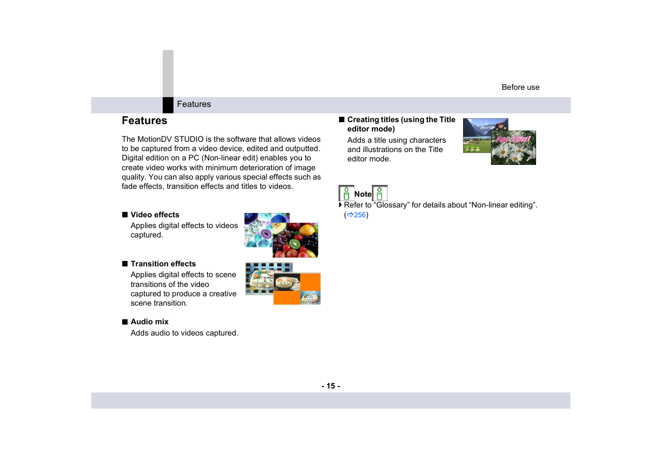 Features | Panasonic MotionDV STUDIO 5.6E LE eng User Manual | Page 15 / 260