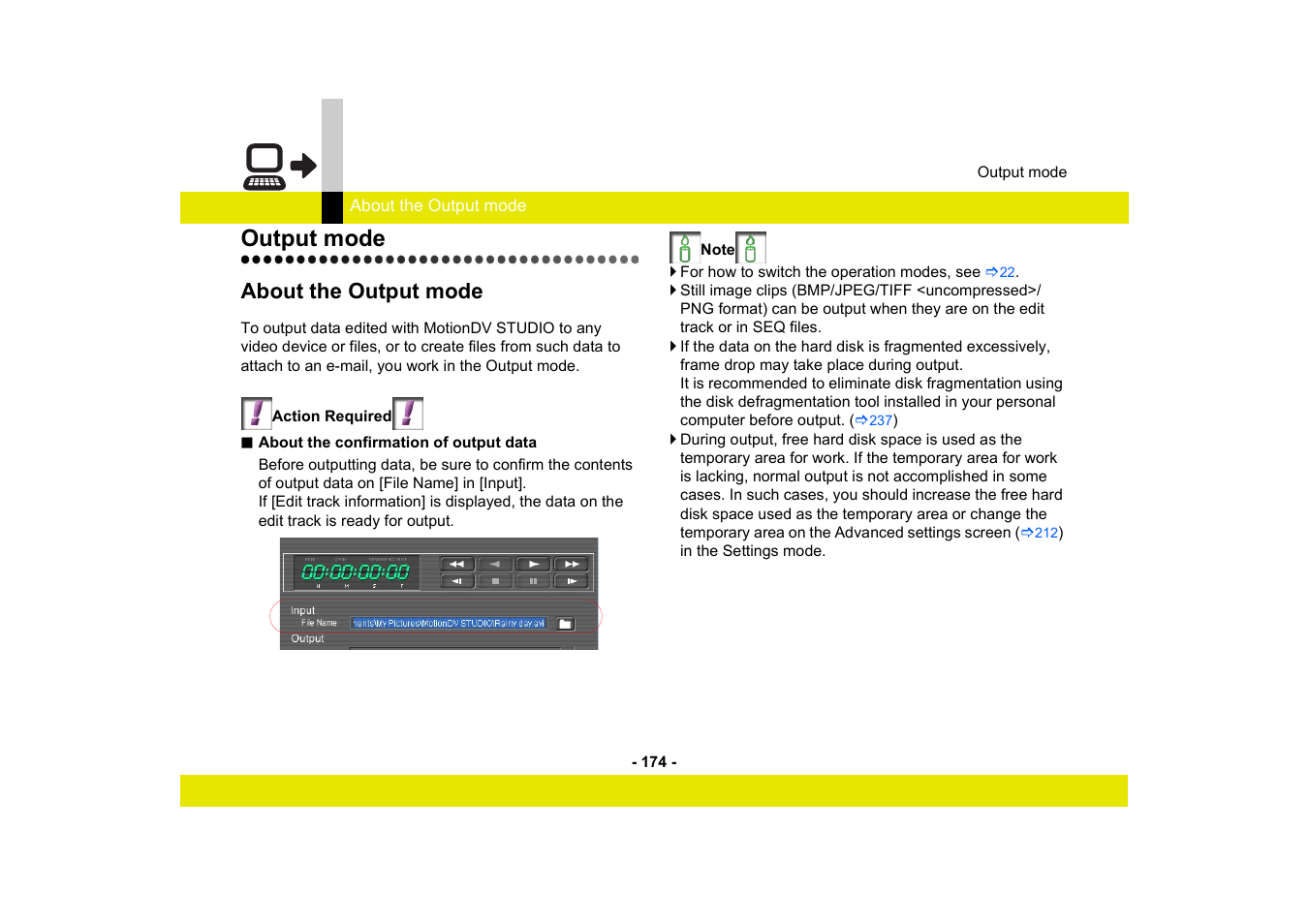 Output mode, About the output mode | Panasonic MotionDV STUDIO 5.6E LE eng User Manual | Page 174 / 260