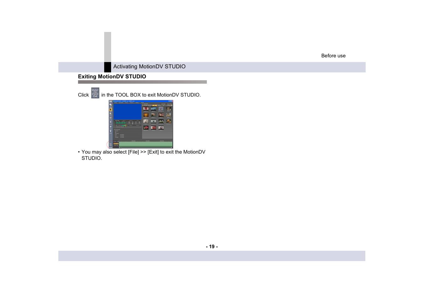 Exiting motiondv studio | Panasonic MotionDV STUDIO 5.6E LE eng User Manual | Page 19 / 260
