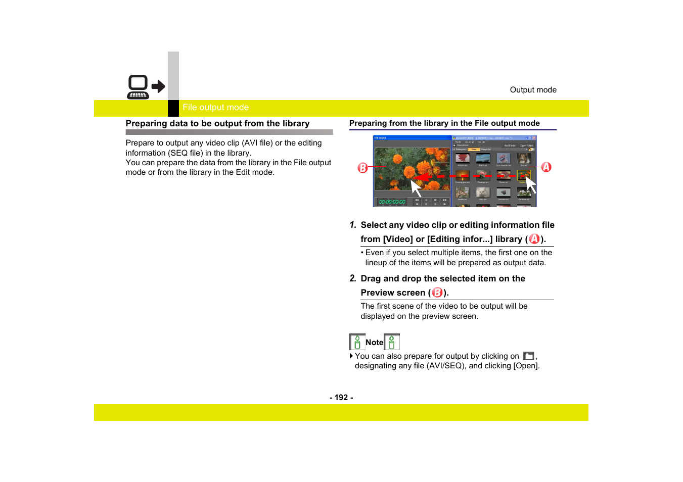 Preparing data to be output from the library, Preparing from the library in the file output mode | Panasonic MotionDV STUDIO 5.6E LE eng User Manual | Page 192 / 260