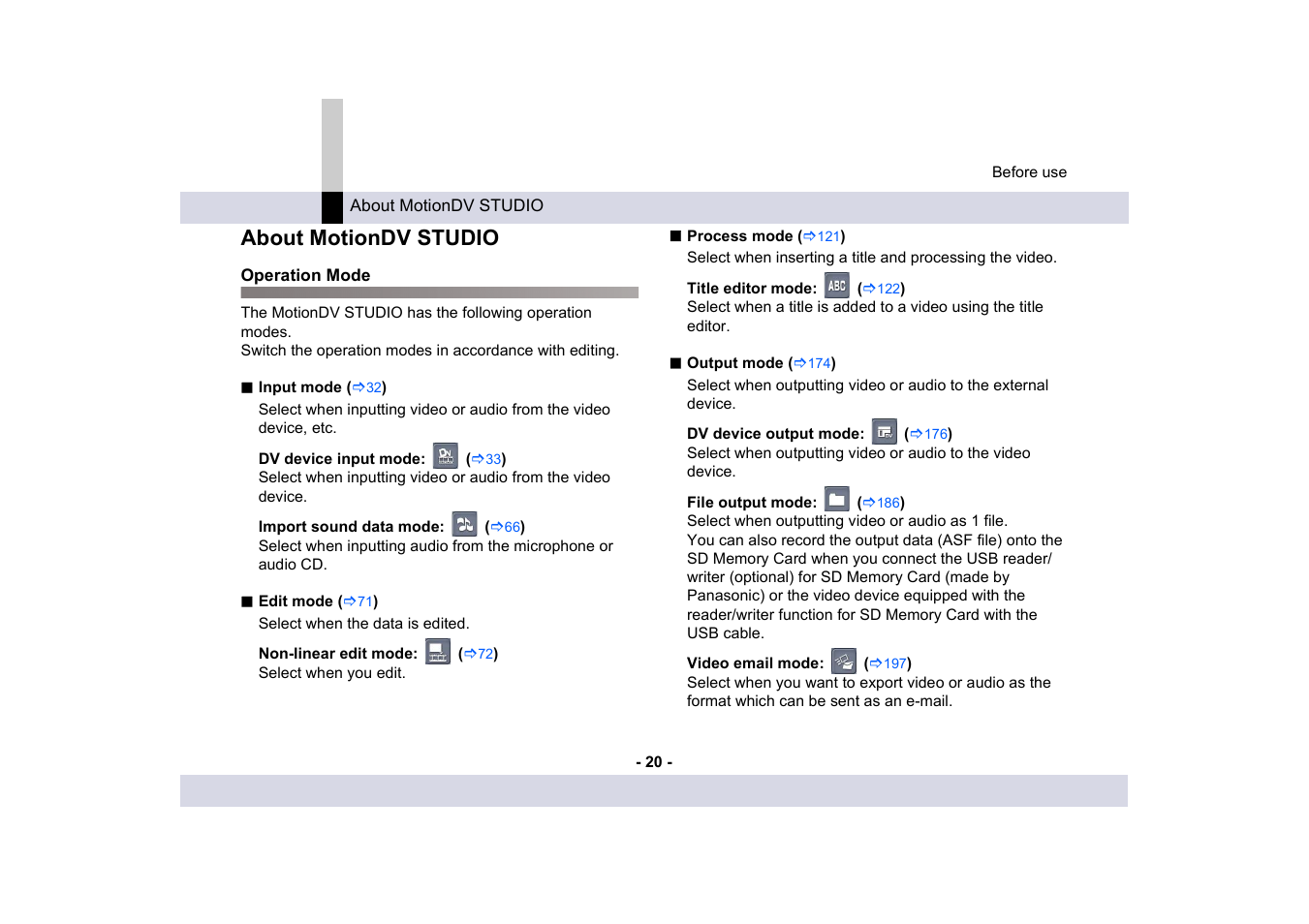 About motiondv studio, Operation mode | Panasonic MotionDV STUDIO 5.6E LE eng User Manual | Page 20 / 260