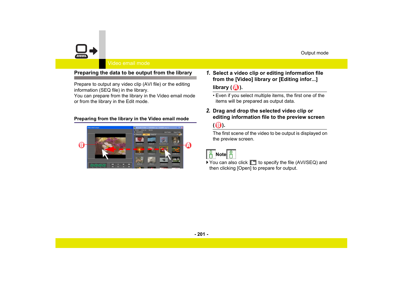 Preparing the data to be output from the library, Preparing from the library in the video email mode | Panasonic MotionDV STUDIO 5.6E LE eng User Manual | Page 201 / 260