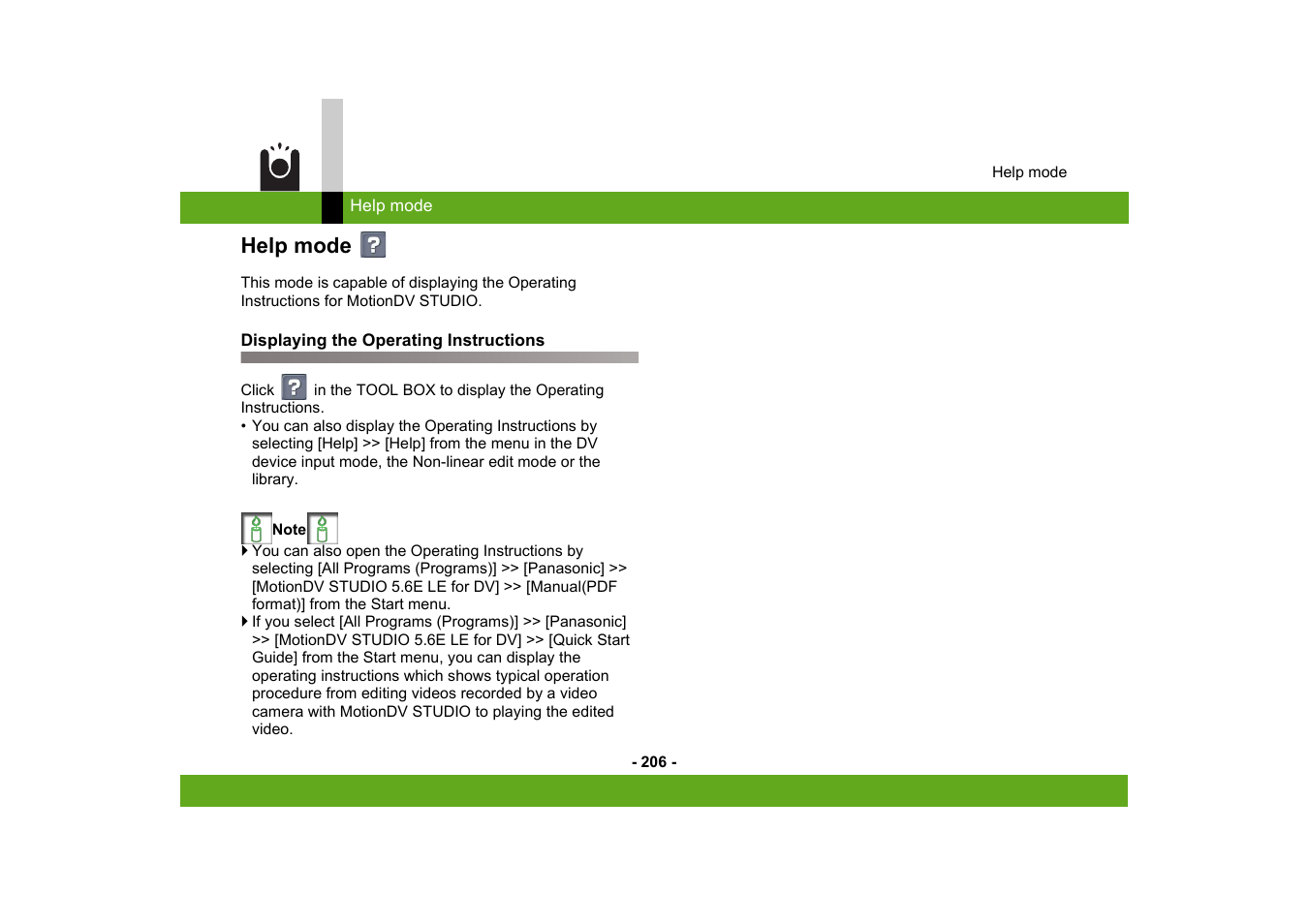 Help mode, Displaying the operating instructions | Panasonic MotionDV STUDIO 5.6E LE eng User Manual | Page 206 / 260