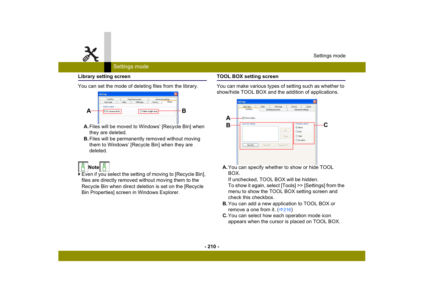 Library setting screen, Tool box setting screen, Library setting screen tool box setting screen | Panasonic MotionDV STUDIO 5.6E LE eng User Manual | Page 210 / 260