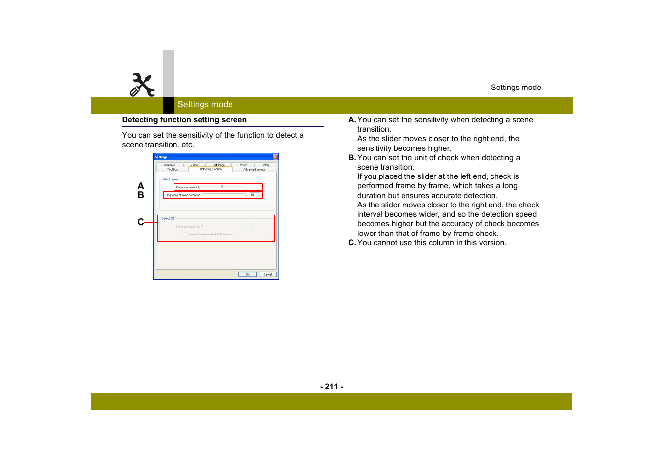 Detecting function setting screen | Panasonic MotionDV STUDIO 5.6E LE eng User Manual | Page 211 / 260