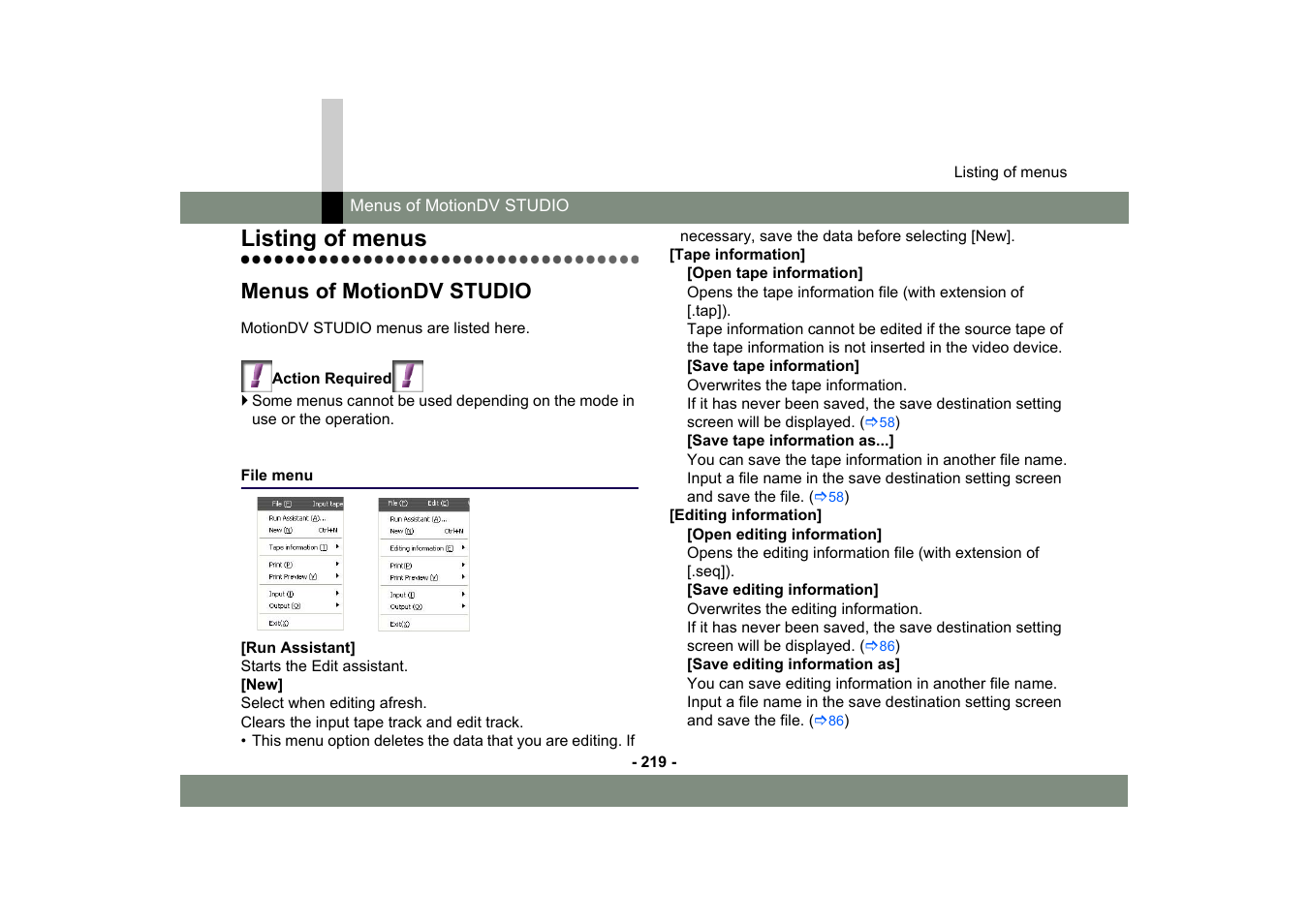 Listing of menus, Menus of motiondv studio, File menu | Panasonic MotionDV STUDIO 5.6E LE eng User Manual | Page 219 / 260