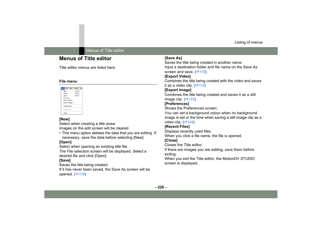 Menus of title editor, File menu | Panasonic MotionDV STUDIO 5.6E LE eng User Manual | Page 226 / 260