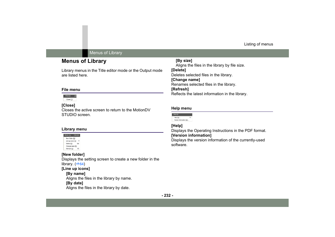 Menus of library, File menu, Library menu | Help menu, File menu library menu help menu | Panasonic MotionDV STUDIO 5.6E LE eng User Manual | Page 232 / 260