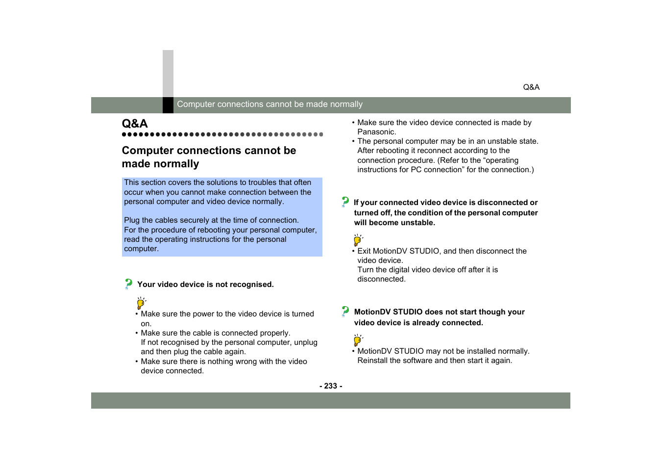 Computer connections cannot be made normally | Panasonic MotionDV STUDIO 5.6E LE eng User Manual | Page 233 / 260