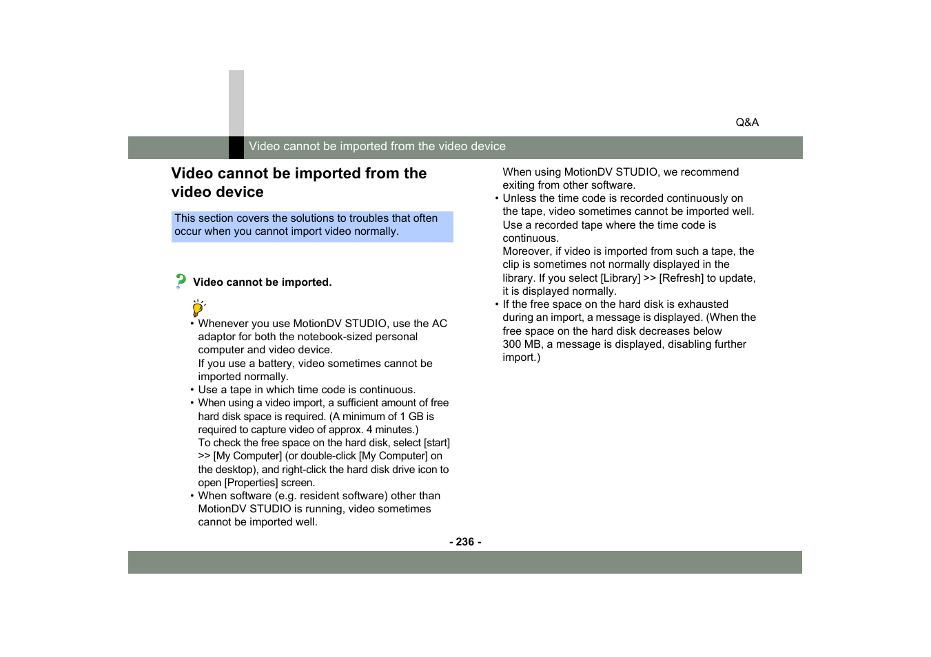 Video cannot be imported from the video device | Panasonic MotionDV STUDIO 5.6E LE eng User Manual | Page 236 / 260