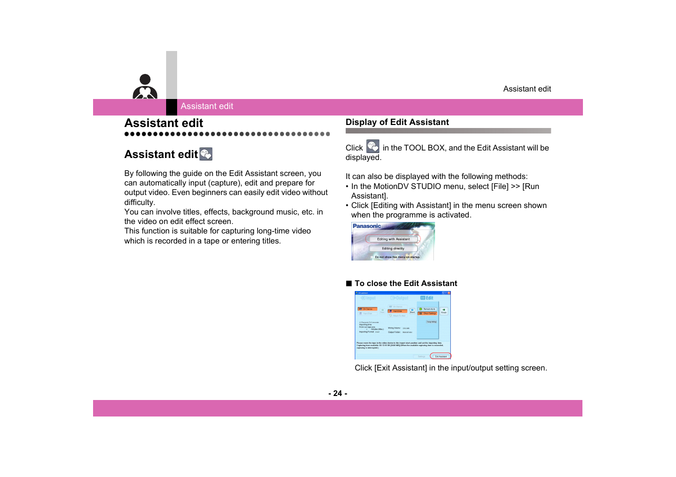 Assistant edit, Display of edit assistant | Panasonic MotionDV STUDIO 5.6E LE eng User Manual | Page 24 / 260