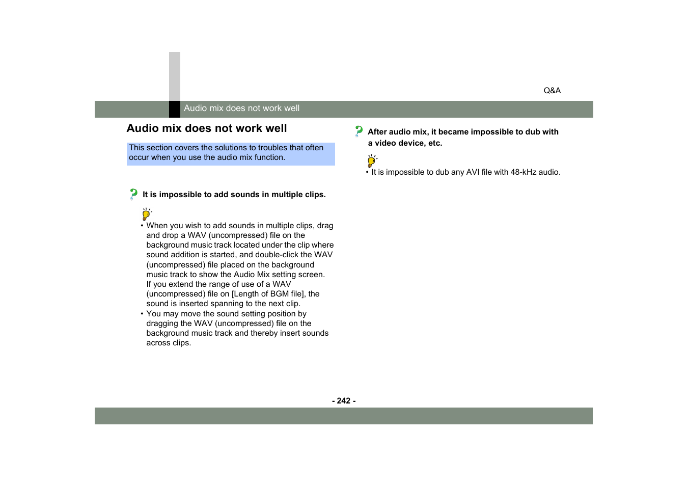 Audio mix does not work well | Panasonic MotionDV STUDIO 5.6E LE eng User Manual | Page 242 / 260