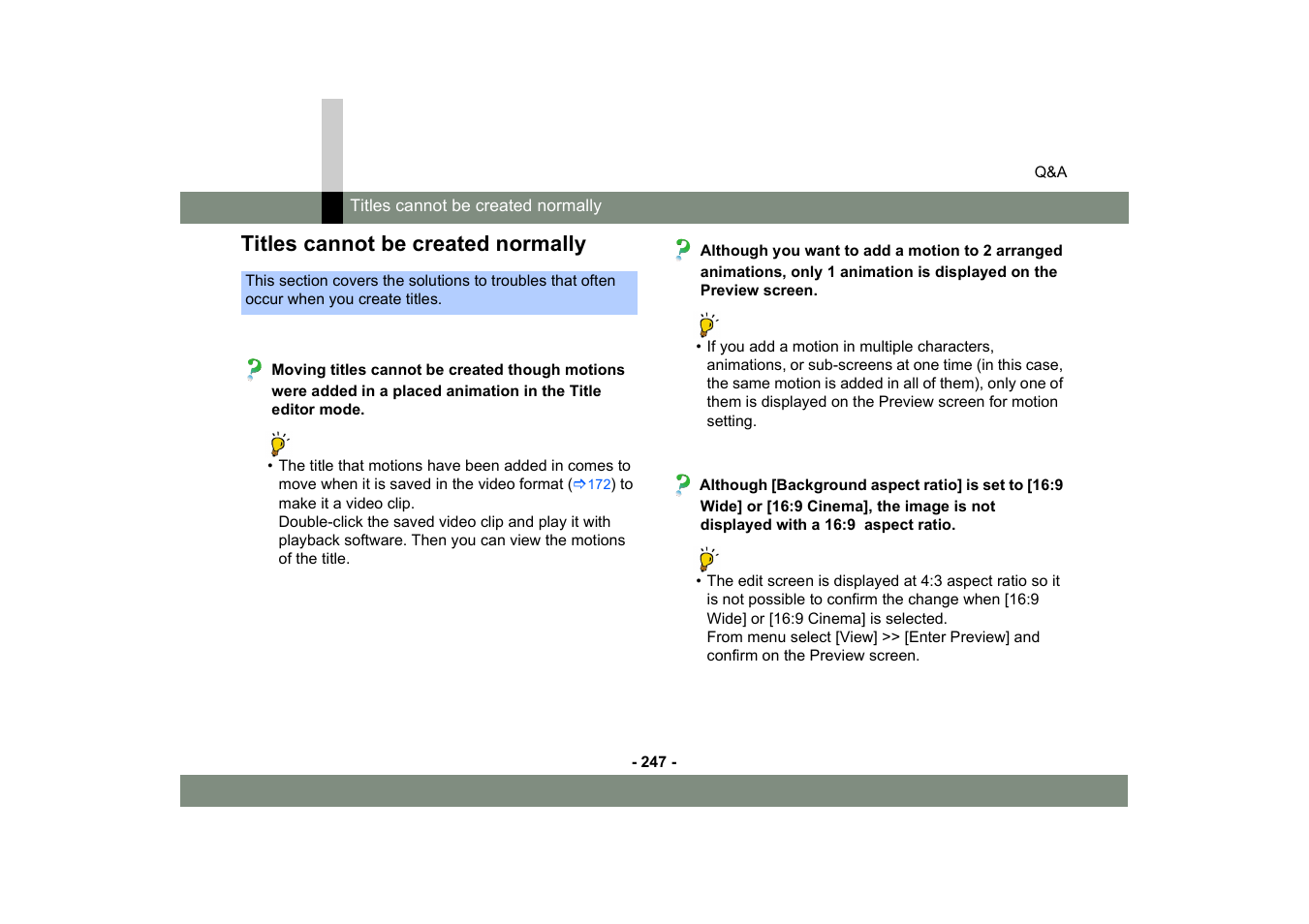 Titles cannot be created normally | Panasonic MotionDV STUDIO 5.6E LE eng User Manual | Page 247 / 260