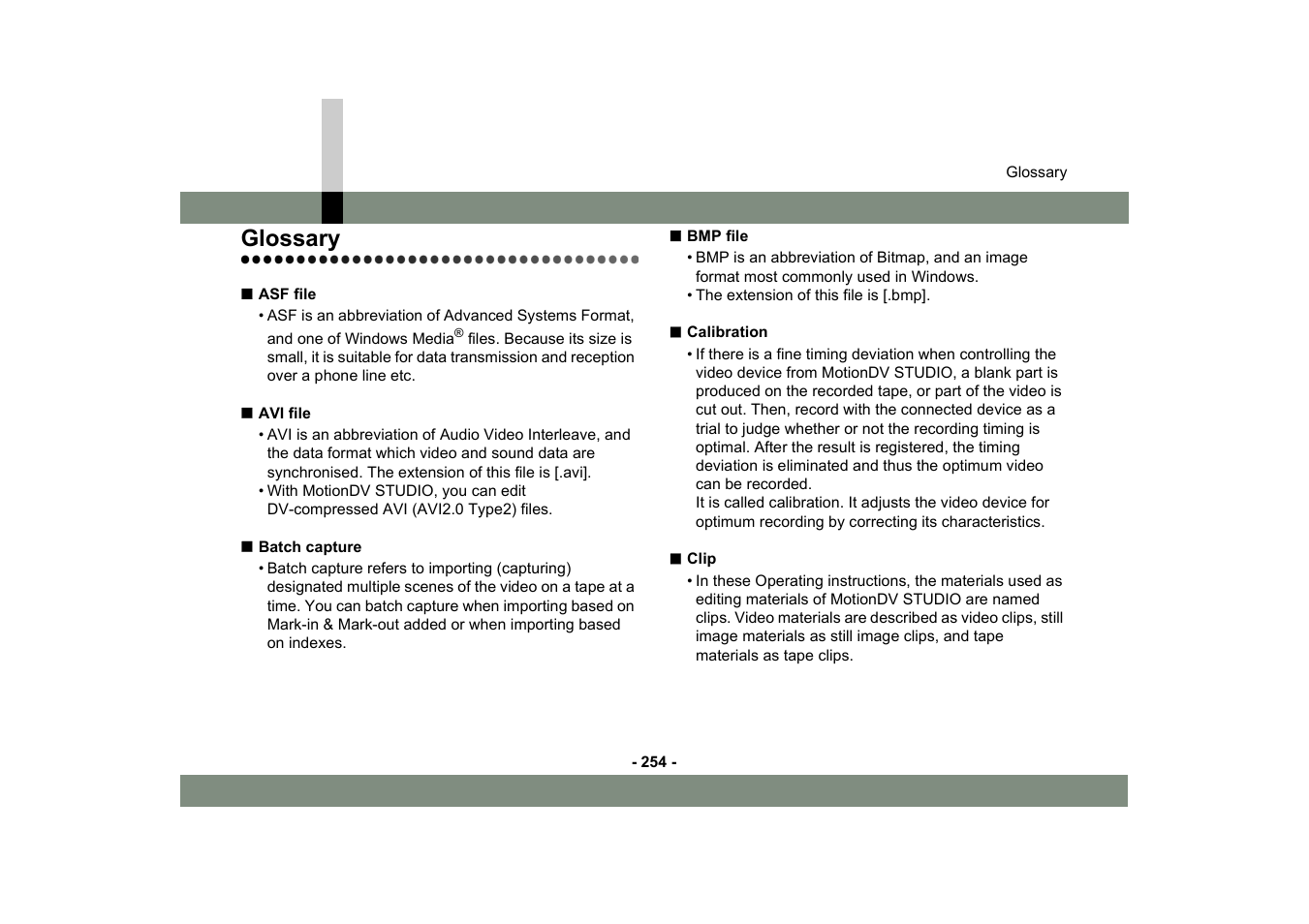 Glossary | Panasonic MotionDV STUDIO 5.6E LE eng User Manual | Page 254 / 260
