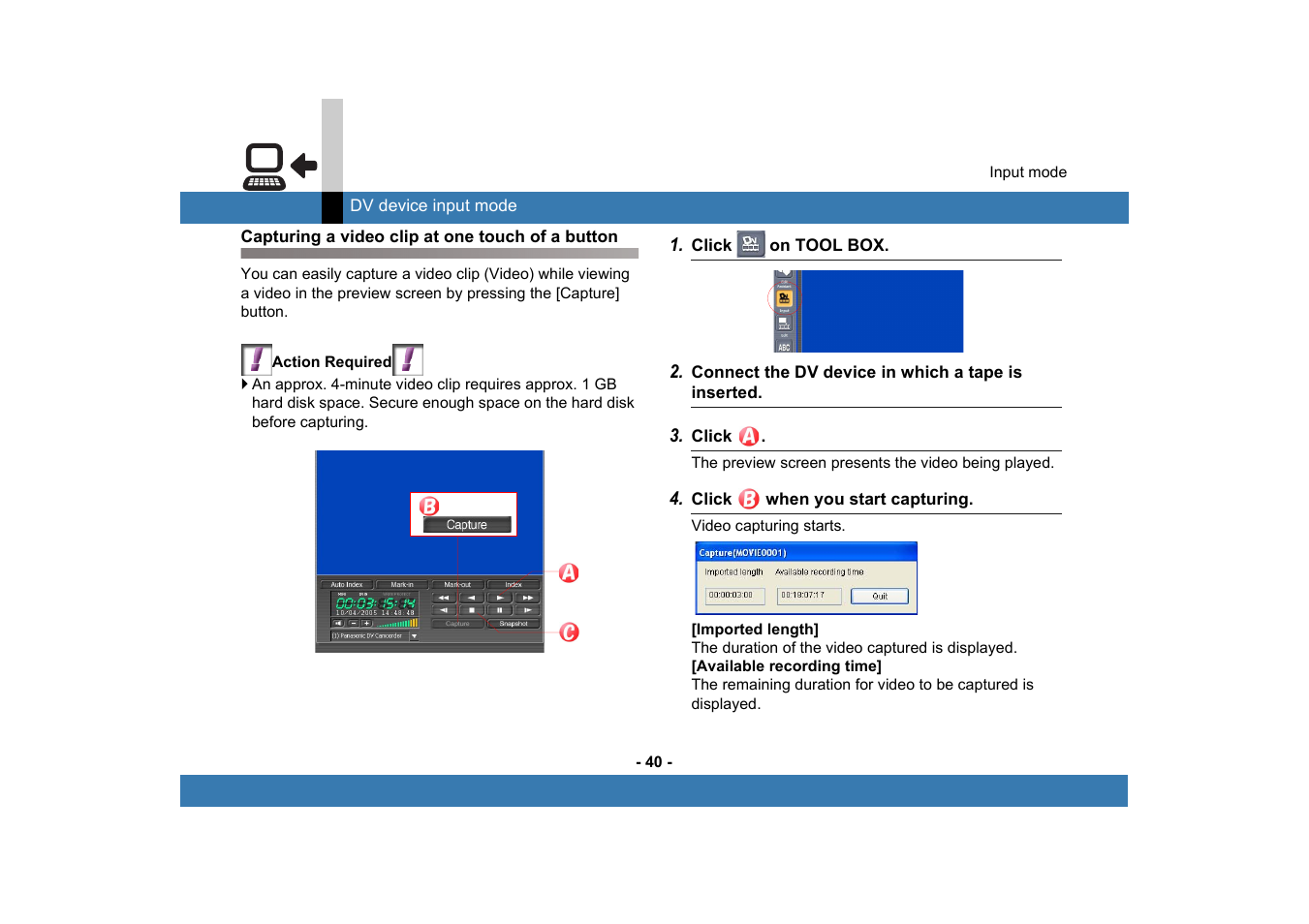 Capturing a video clip at one touch of a button | Panasonic MotionDV STUDIO 5.6E LE eng User Manual | Page 40 / 260
