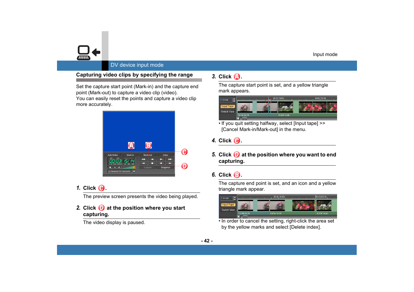Capturing video clips by specifying the range | Panasonic MotionDV STUDIO 5.6E LE eng User Manual | Page 42 / 260