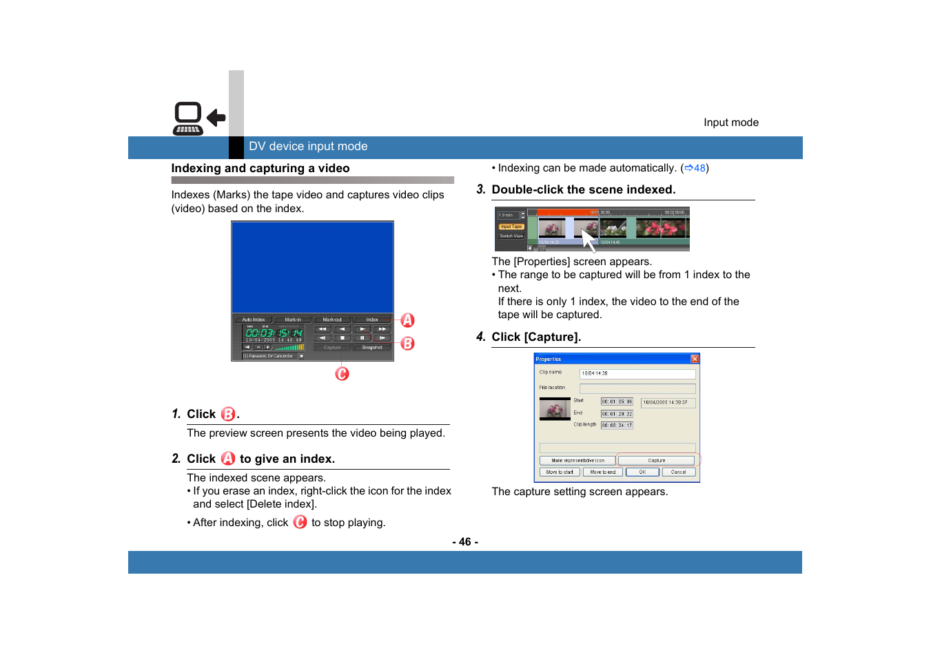 Indexing and capturing a video | Panasonic MotionDV STUDIO 5.6E LE eng User Manual | Page 46 / 260