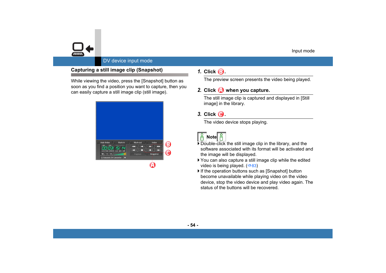 Capturing a still image clip (snapshot) | Panasonic MotionDV STUDIO 5.6E LE eng User Manual | Page 54 / 260