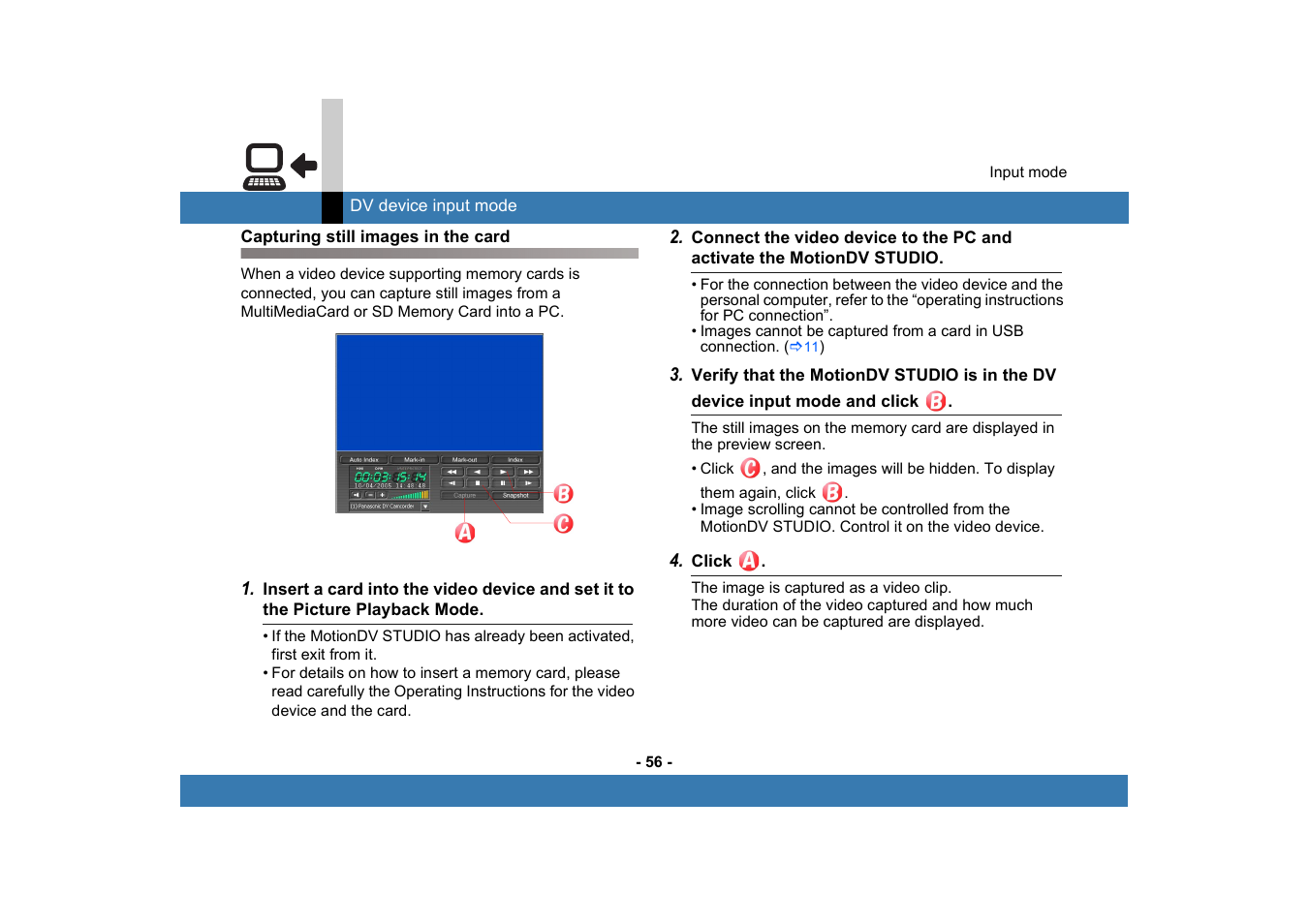 Capturing still images in the card | Panasonic MotionDV STUDIO 5.6E LE eng User Manual | Page 56 / 260